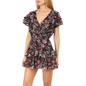 Misa Los Angeles Gallie Black Pink Floral Print Ruffle Mini Dress Size Small